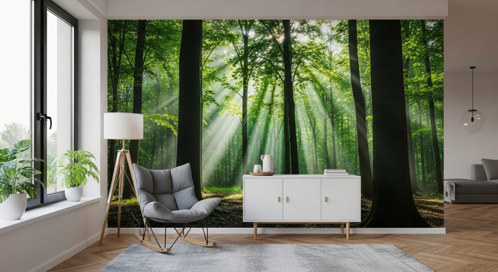 Meaningful Aesthetic Wallpaper Backgrounds Inspiring & Minimal HD Backdrops 8 Peaceful wall mural of a green forest with rays of sunlight shining through the trees.