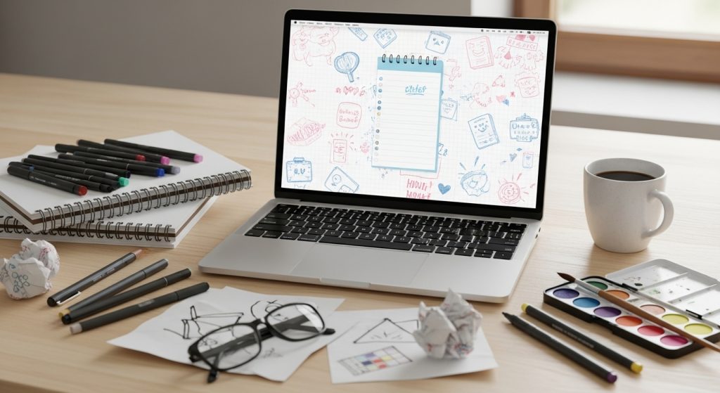 Top Aesthetic Wallpaper: Digital Notepad with Pastel Doodles 4 Laptop open on a desk showing a digital notepad wallpaper with doodles in soft pink and blue, surrounded by design tools like sketchpads and markers.