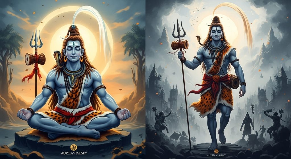 Aesthetic Wallpaper Background Mahadev HD Spiritual Backdrops 12 A split-design wallpaper—half showing Shiva meditating, half showing Shiva as a warrior with Trishul.