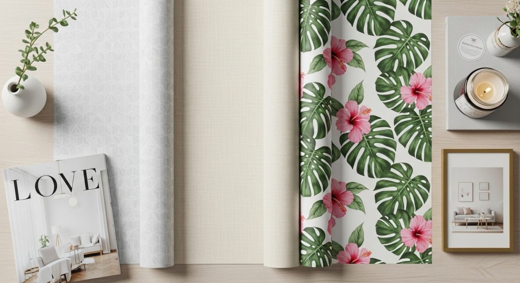 Aesthetic Wallpaper Background for Wall – Minimal & Stylish Room Decor Ideas 9 A close-up of different wallpaper textures – vinyl, fabric, and peel-and-stick – neatly displayed with home décor items around.