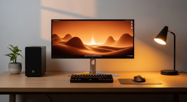 "Minimal PC setup with a wooden desk and glowing brown for pc wallpaper on the monitor, creating a warm and calming workspace."