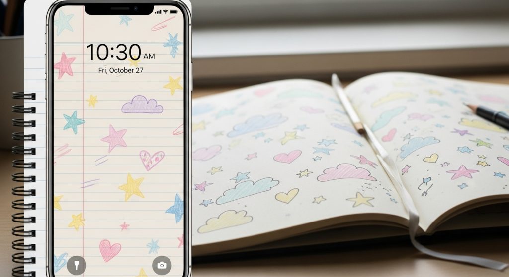 Top Aesthetic Wallpaper: Digital Notepad with Pastel Doodles 5 Phone lock screen showing pastel doodles of stars, hearts, and clouds over a notepad background, beside a person’s sketchbook with matching doodles.