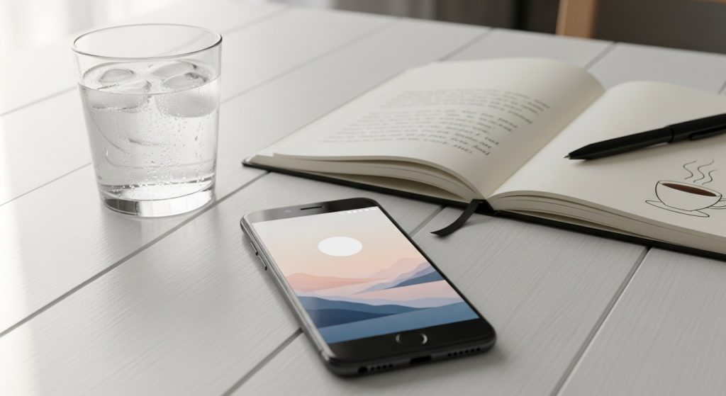 : A calm morning scene with a phone showing a minimalist wallpaper on a white table, beside a glass of water and a notebook.