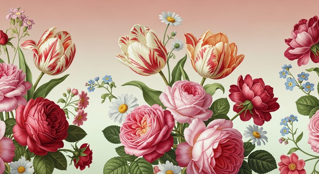 Aesthetic Flower Wallpapers Best Floral Backgrounds for iPhone & Android 3 Close-up floral wallpaper design with roses, tulips, and wildflowers blending into a soft gradient background.