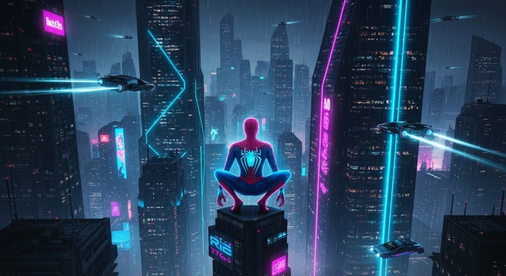Aesthetic Wallpaper Background Marvel Epic HD Superhero Backdrops 14 : “Marvel cyberpunk wallpaper featuring Spider-Man glowing in neon blue and pink city skyline.”