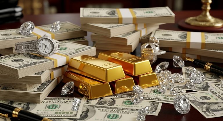 Money aesthetic wallpaper background in HD featuring stacks of cash, gold bars, and luxury elements symbolizing wealth, success, and opulence.