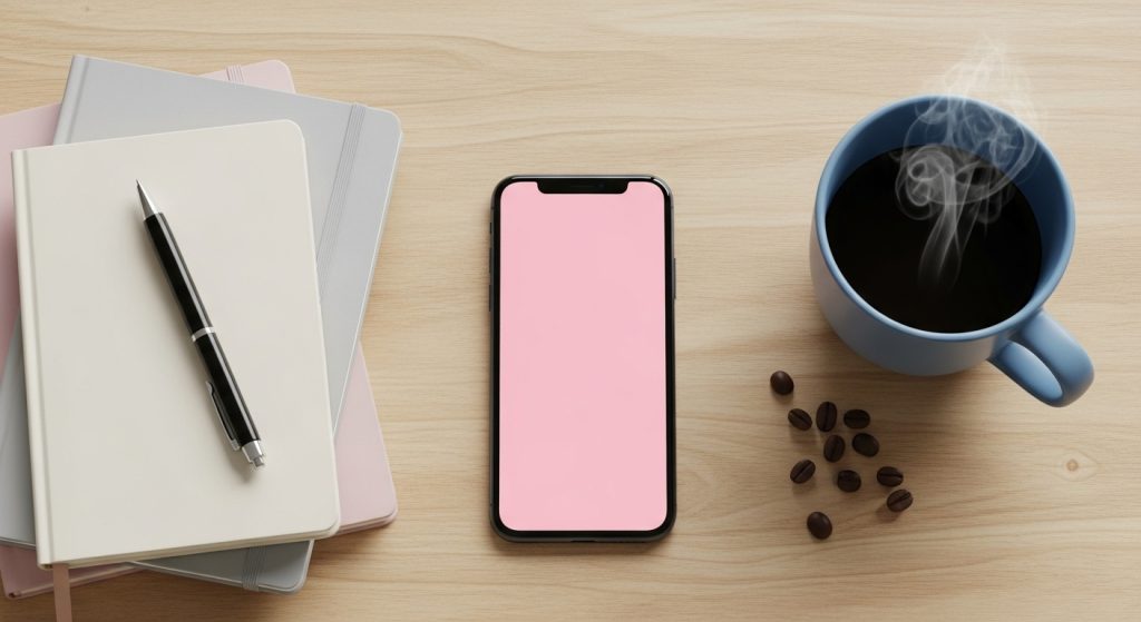Pastel Pink Aesthetic Wallpapers Soft & Minimal Backgrounds for iPhone 3 Flat lay of an iPhone on a desk with a pastel pink background screen, next to notebooks and a coffee mug.
