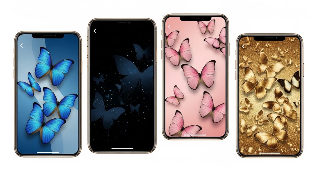 Beautiful Butterfly Aesthetic Wallpapers for iPhone Lovers 7 A grid layout showing iPhone screens with butterfly wallpapers in different color palettes – blue, pink, black, and gold.