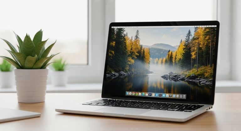 Laptop on a desk showing a calm forest wallpaper, symbolizing outdoor serenity in a digital space.