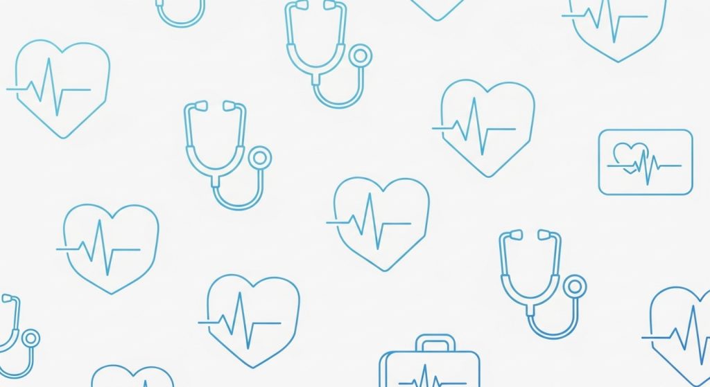 Medico Aesthetic Wallpaper Background Minimal & Professional Vibes 4 A flat lay wallpaper concept with minimal line icons of stethoscopes and heartbeat monitors in soft blue gradient.