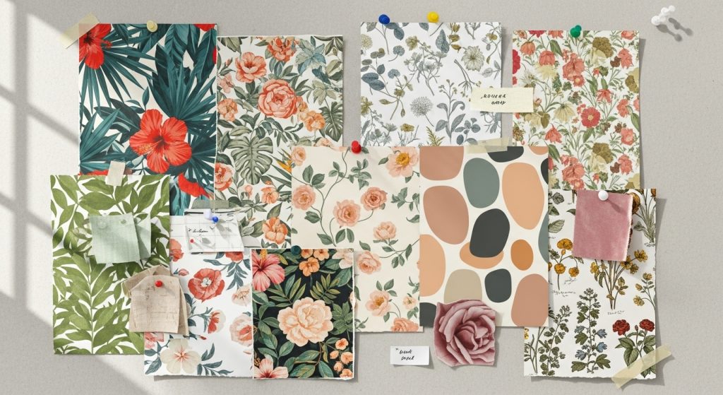 Aesthetic Wallpaper Background Floral – Elegant HD Flower Backdrops for Phone & Desktop 12 A design mood board with sample floral wallpapers sourced from stock photo websites.