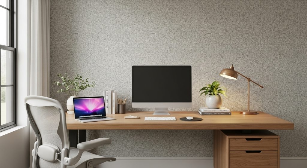Aesthetic Wallpaper Background for Wall – Minimal & Stylish Room Decor Ideas 12 A stylish work-from-home office setup with an elegant wallpaper wall in muted tones, ergonomic chair, and laptop on a wooden desk.