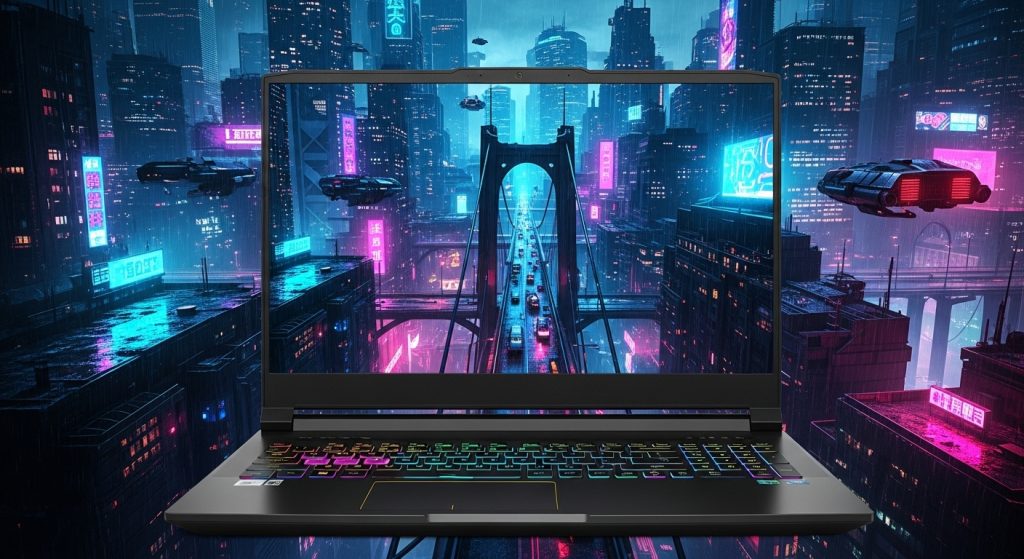 Aesthetic Wallpaper Background Man Bold & Stylish HD Looks 10 HD wallpaper of a cyberpunk city with neon lights glowing on a gaming laptop.
