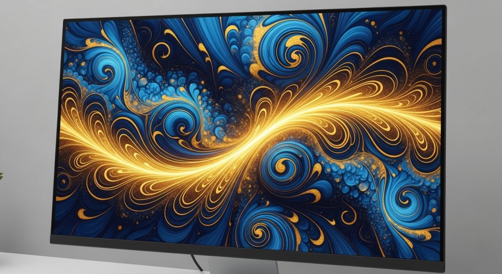 Aesthetic Wallpaper 4K for PC | Stunning Ultra HD Desktop Backgrounds 8 Image Prompt: 4K digital abstract art wallpaper with swirling blue and gold tones on a wide desktop monitor.