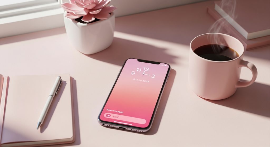 Pastel Pink Aesthetic Wallpapers Soft & Minimal Backgrounds for iPhone 13 Final showcase of an iPhone lock screen and home screen with a soft pastel pink gradient wallpaper, placed on a pastel desk setup.