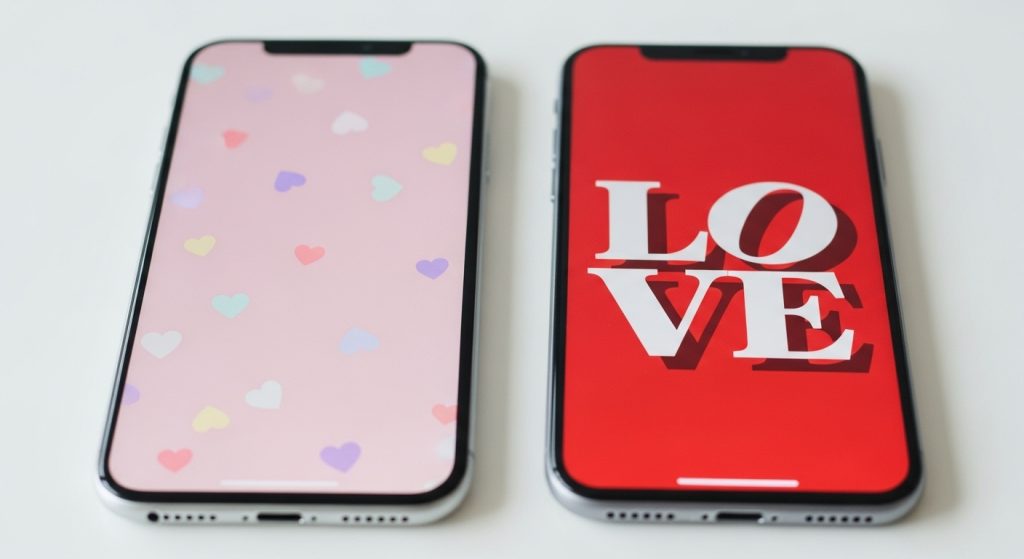 Download Free Aesthetic Love Wallpapers for iPhone Backgrounds 9 Two iPhone screens side by side: one with a minimalist pastel heart wallpaper, the other with a bold red love typography wallpaper.
