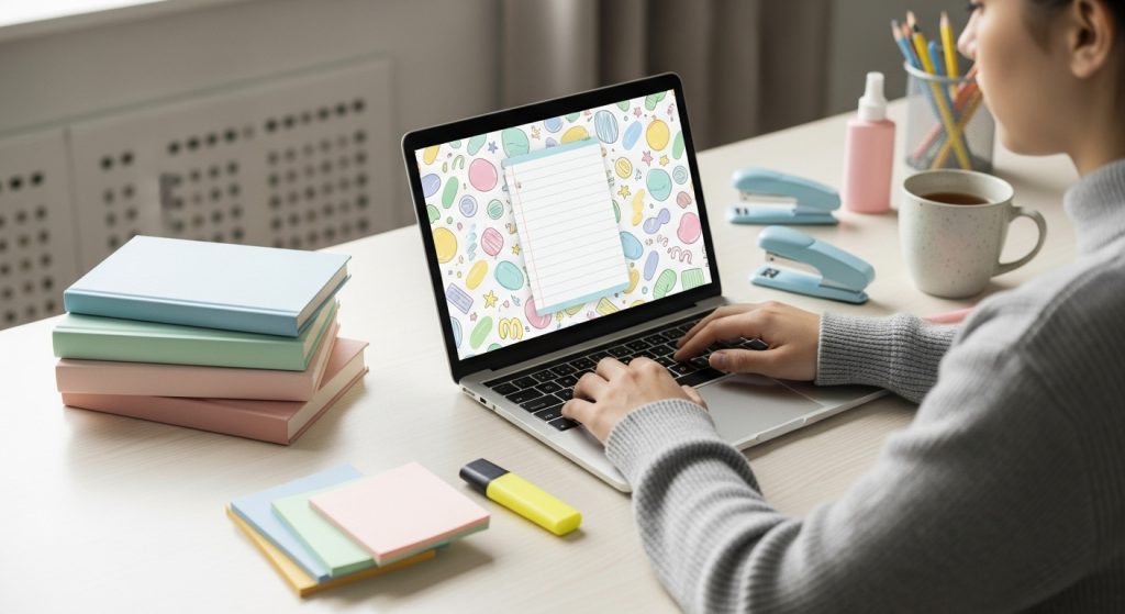 Top Aesthetic Wallpaper: Digital Notepad with Pastel Doodles 6 Student at a clean study desk, laptop showing pastel doodle notepad wallpaper, with books stacked neatly and pastel stationery spread out.