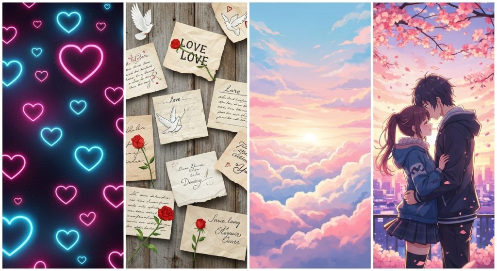 Download Free Aesthetic Love Wallpapers for iPhone Backgrounds 12 A trendy wallpaper pack showing neon glowing hearts, vintage paper love notes, cloudy pastel skies, and anime-inspired couple art.