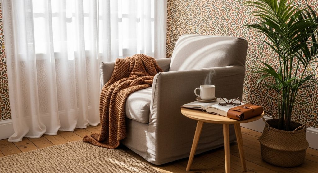 Meaningful Aesthetic Wallpaper Backgrounds Inspiring & Minimal HD Backdrops 4 Cozy reading corner with earthy-toned wallpaper, sunlight streaming through sheer curtains, creating a warm and inviting atmosphere.