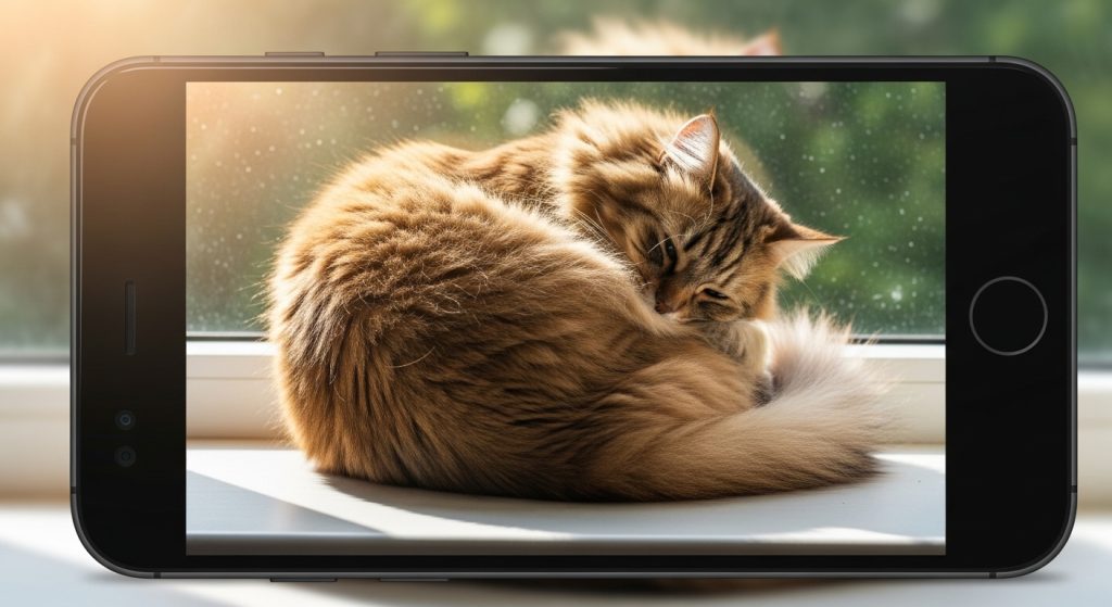 Brings Outdoor Serenity to Your Digital Space: Aesthetic Wallpapers 7 : Smartphone displaying cozy brown cat aesthetic wallpaper adding outdoor serenity to a digital space.