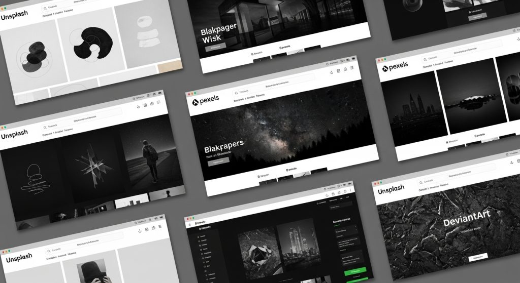 Aesthetic Black Wallpapers for PC | Minimalist & Stylish Desktop Backgrounds 9 Screenshot collage of websites offering black wallpapers for PC.