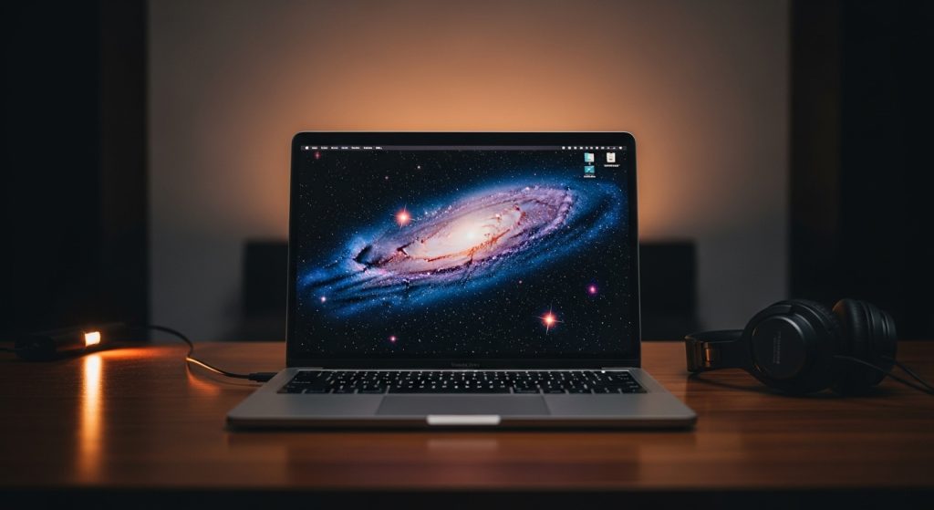 Aesthetic Wallpaper Background for Mac Minimal & HD Stylish Backdrops 6 A MacBook in a dimly lit studio with a dark galaxy wallpaper on screen.