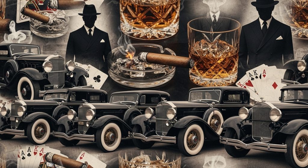 Aesthetic Wallpaper Background Mafia Dark & Powerful HD Backdrops 10 A mafia wallpaper collage with vintage cars, cigars, whiskey glasses, and men in suits