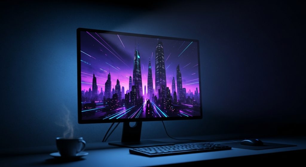 Dark Aesthetic Wallpaper Backgrounds for PC | Minimal & Stylish Desktop Designs 11 A cinematic shot of a PC screen glowing in a dark room, displaying a stunning futuristic dark wallpaper.