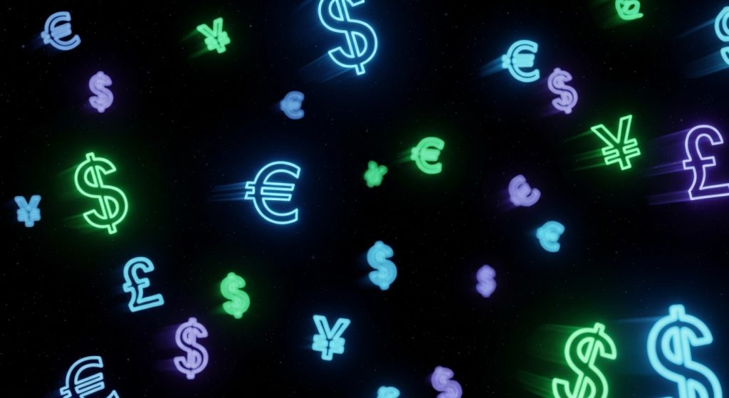 Money Aesthetic Wallpaper Background Luxury & Wealth Vibes in HD 4 : A futuristic wallpaper with glowing neon currency symbols floating in dark space.