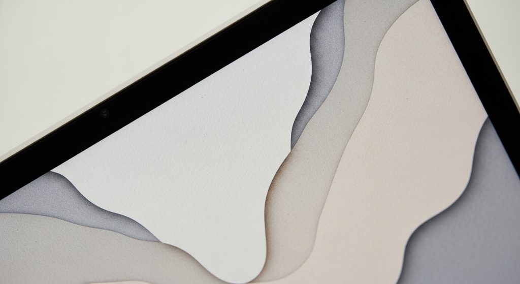 Aesthetic Wallpaper Background for Mac Minimal & HD Stylish Backdrops 4 Close-up of a Mac display showing sharp, detailed HD wallpaper with soft neutral colors.
