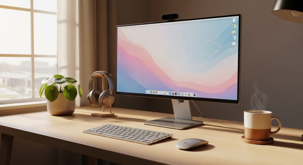 Aesthetic Wallpaper Background for Desktop – HD Minimal & Stylish Backdrops 2 : A clean, modern desktop setup with a widescreen monitor displaying a minimalist aesthetic wallpaper background, styled with natural light from a nearby window, creating a cozy and stylish workspace.