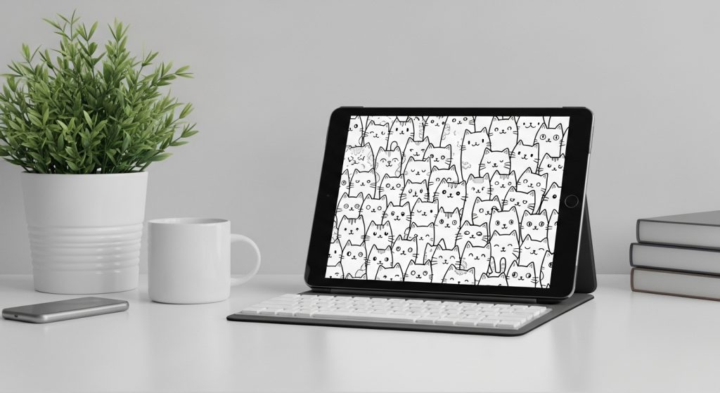 White Background with Doodle Cats: A Minimal Aesthetic for Cat Lovers 3 Tablet screen glowing with doodle cats wallpaper on a bright white desk, cozy and minimal setup with soft lighting, super realistic, 2:3 ratio.