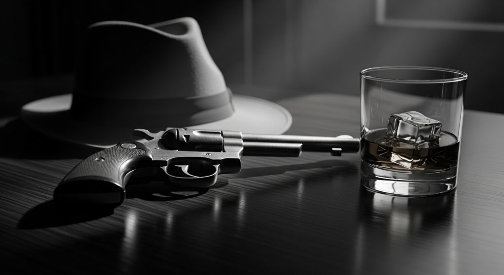 Mafia Aesthetic Wallpaper Background Dark & Powerful HD Backdrops 6 A black-and-white mafia wallpaper featuring a classic revolver, whiskey glass, and hat placed on a vintage desk.