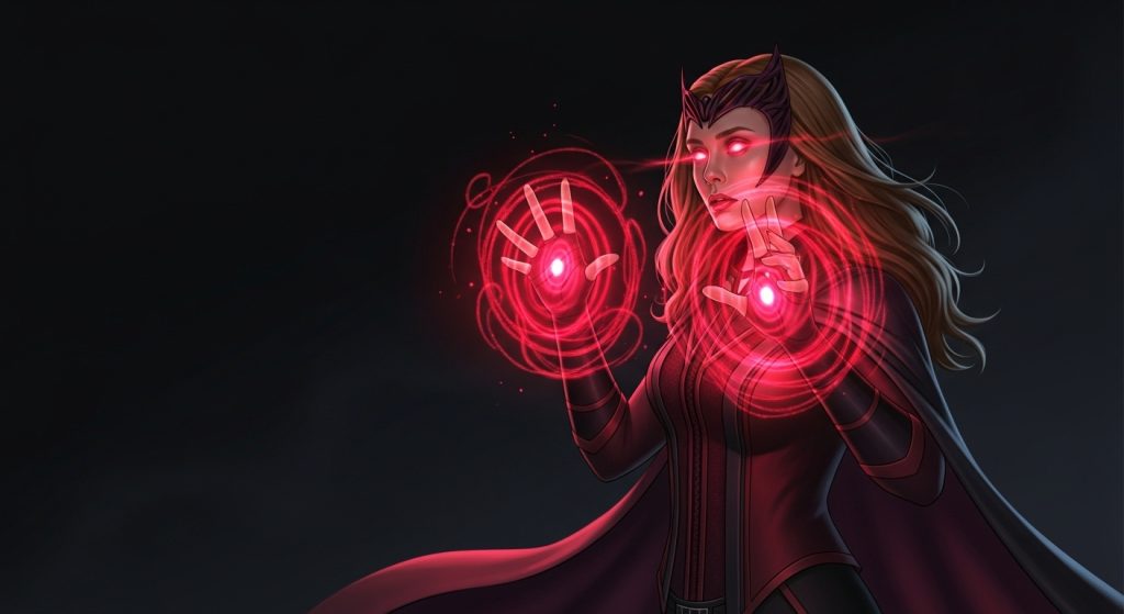 Aesthetic Wallpaper Background Marvel Epic HD Superhero Backdrops 11 : “Marvel smartphone wallpaper with Scarlet Witch glowing red magic, minimal dark background.”