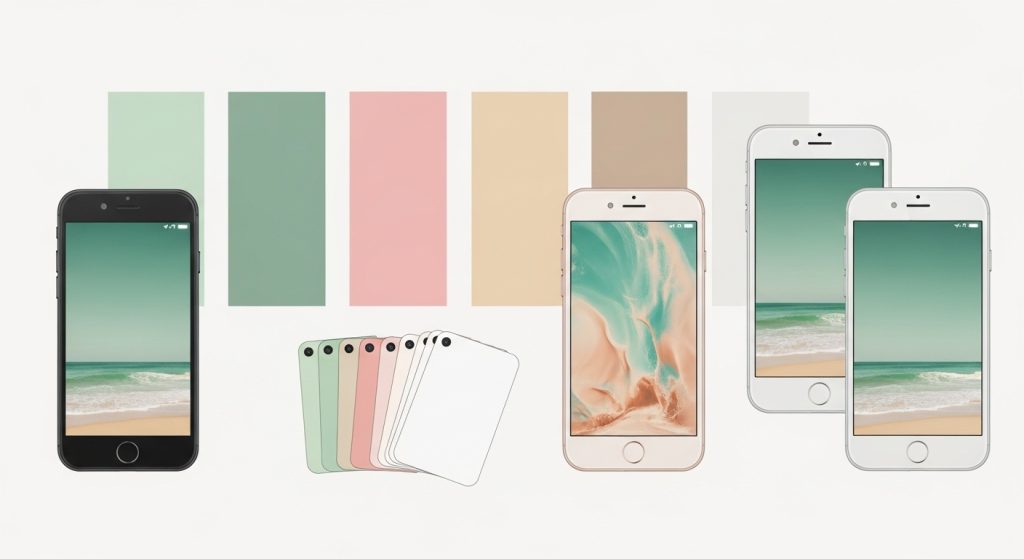 Pastel Green Aesthetic Wallpapers Calm & Minimal iPhone Backgrounds 9 A pastel color palette featuring green, pink, beige, and white arranged as swatches with iPhone wallpaper previews.