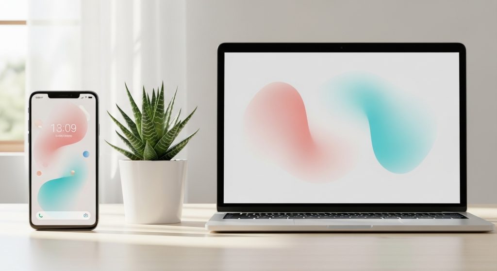 Simple Aesthetic Wallpaper Backgrounds: Minimalist Designs for a Calm & Stylish Look 8 Android phone and laptop side by side with matching minimal aesthetic wallpapers in soft pastel colors.