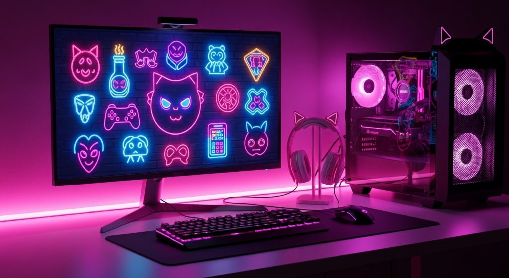  Girly neon wallpaper on a gamer PC setup with pink LED lights.