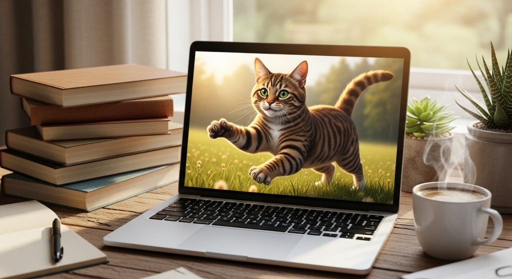 Style Your Screen with Aesthetic Brown Cat Wallpapers 2 “Laptop with aesthetic brown cat wallpaper on a cozy desk with coffee.”