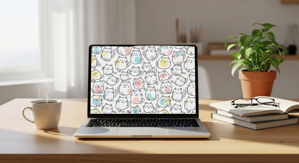 White Background with Doodle Cats: A Minimal Aesthetic for Cat Lovers 5 A cozy study table with a laptop open to doodle cat wallpaper on a white background, minimal décor and daylight, realistic, 2:3 ratio.