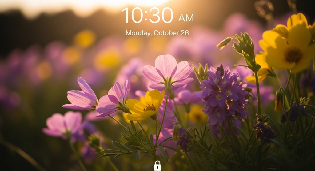 Aesthetic Flower Wallpapers Best Floral Backgrounds for iPhone & Android 14 t: A dreamy lock screen aesthetic with blooming wildflowers glowing under golden sunlight.