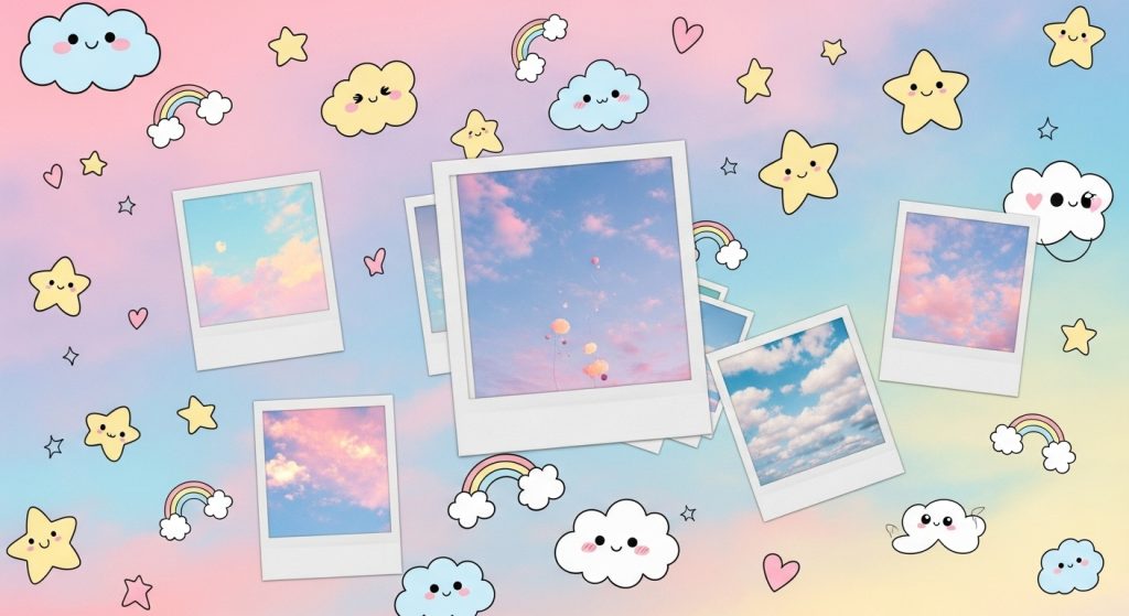  Trendy wallpaper collage with pastel skies, kawaii doodles, and polaroid-style frames.