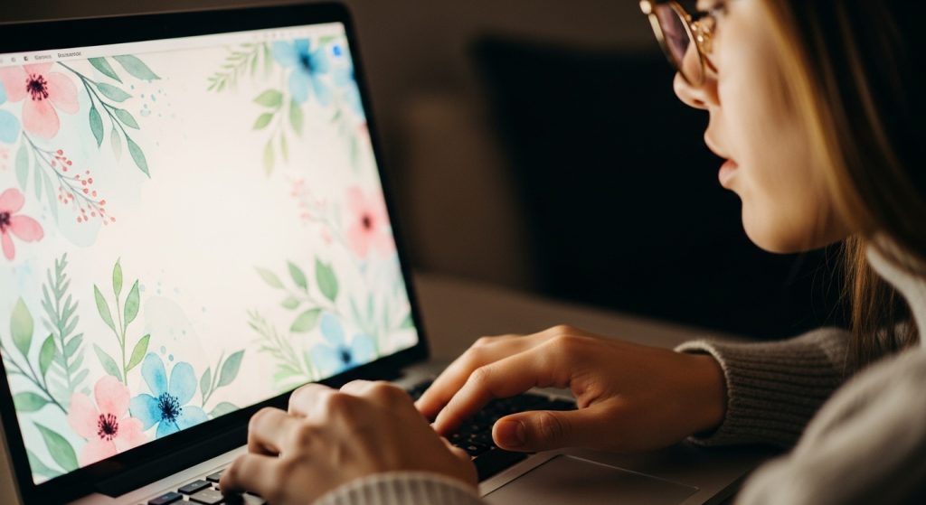 Aesthetic Wallpaper Background Floral – Elegant HD Flower Backdrops for Phone & Desktop 3 Close-up of a woman working on a laptop with soft watercolor-style floral wallpaper glowing on the screen.