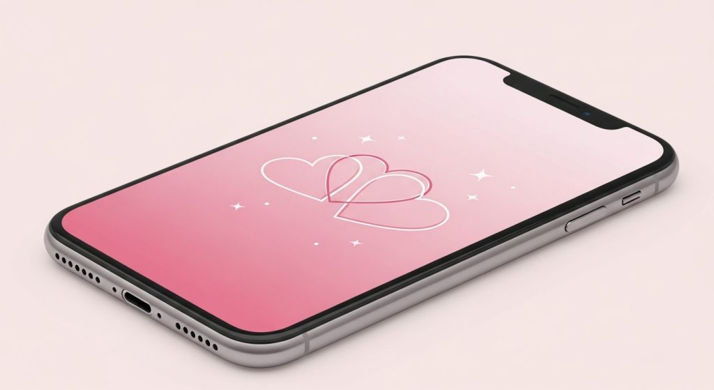 Download Free Aesthetic Love Wallpapers for iPhone Backgrounds 3 An iPhone mockup with a pastel pink gradient wallpaper featuring elegant heart line art and subtle sparkles, inspired by Tumblr and Pinterest style.