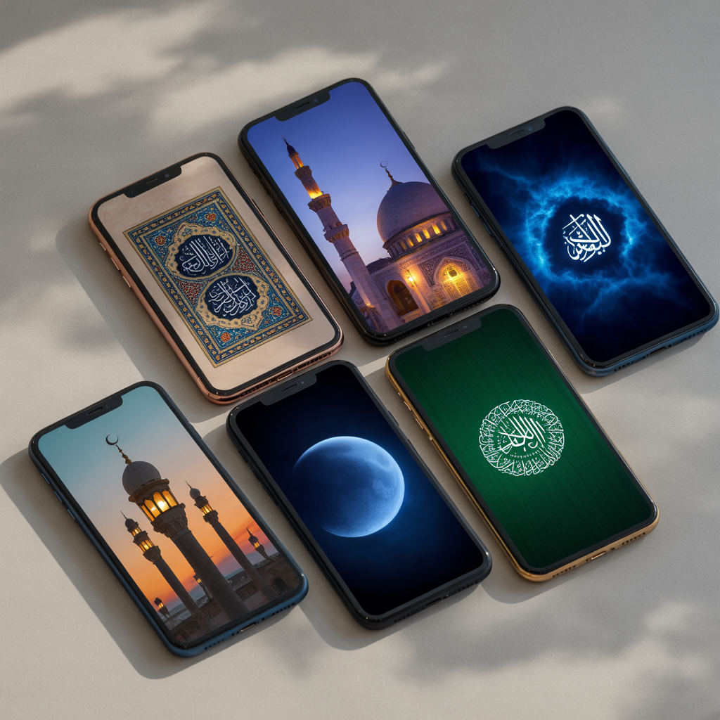 Top Islamic Aesthetic Wallpaper Backgrounds for iPhone Users 12 : “A collection of iPhones displaying different Islamic wallpapers — calligraphy, mosque, moon, and lanterns.”