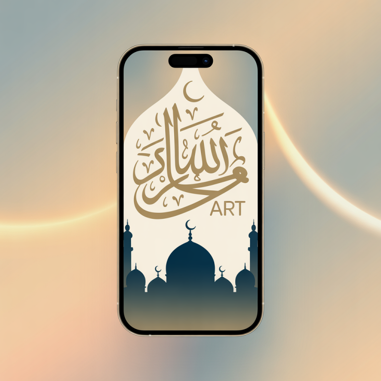 Alt Text: Islamic aesthetic iPhone wallpaper featuring elegant calligraphy, a mosque silhouette, and crescent moon in a minimal, peaceful design.