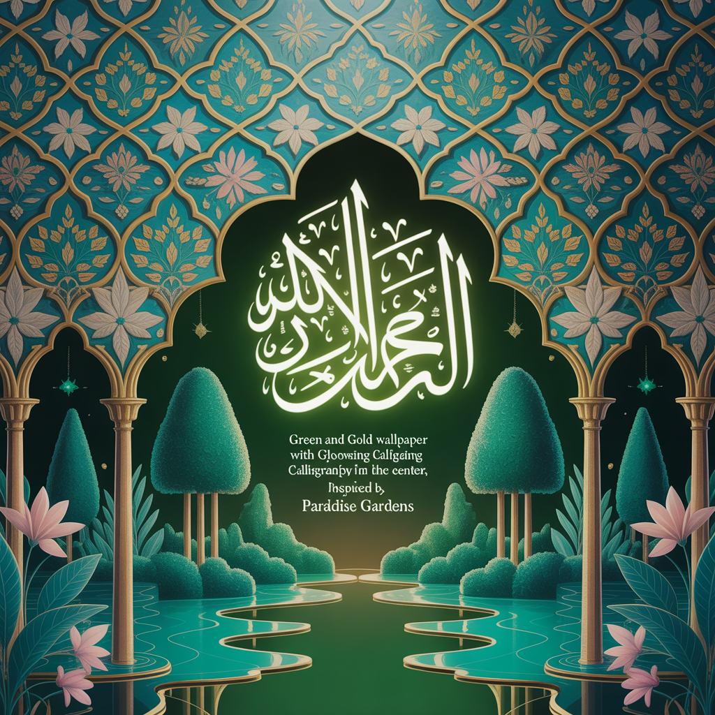 Top Islamic Aesthetic Wallpaper Backgrounds for iPhone Users 10 “Green and gold Islamic wallpaper with glowing calligraphy in the center, inspired by paradise gardens.”