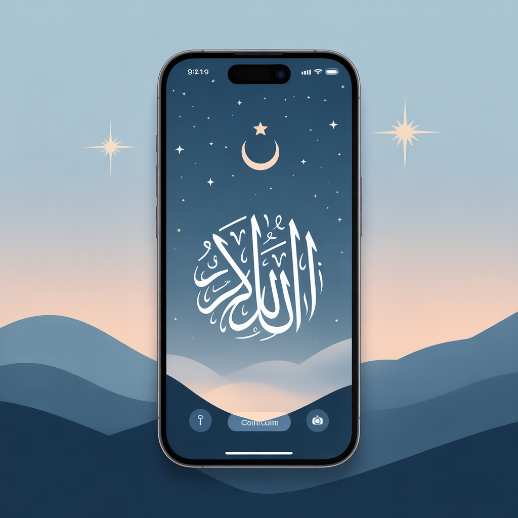 Top Islamic Aesthetic Wallpaper Backgrounds for iPhone Users 2 “A minimal iPhone lock screen with soft Islamic calligraphy, crescent moon, and star aesthetic design in calming blue tones.”