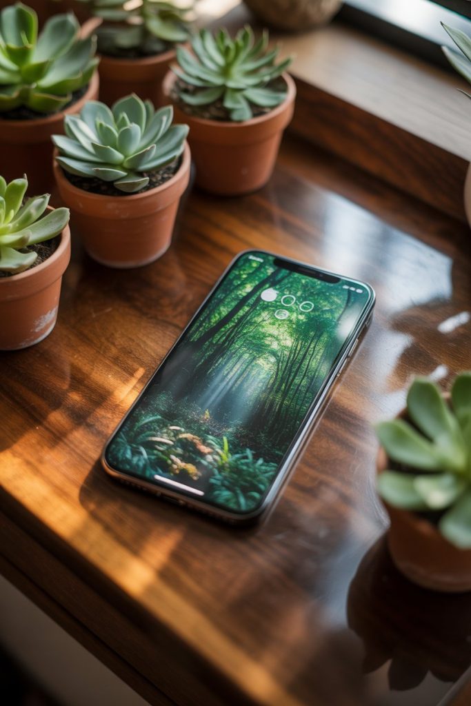 Nature Inspired Green Aesthetic Wallpaper for iPhone & Android 8 Close-up of an iPhone showing a lush green forest wallpaper with sun rays peeking through trees, placed on a desk with succulents.