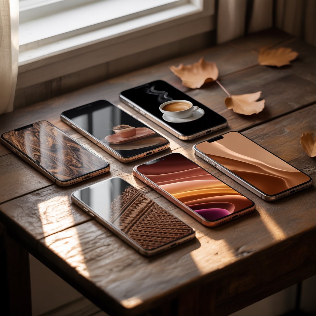 Cozy Brown Aesthetic Wallpaper Backgrounds to Refresh Your Screen 8 : Collection of phones showing brown aesthetic wallpapers with wood grain, coffee cups, boho patterns, and abstract swirls.