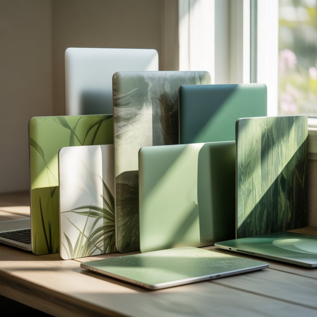 Nature Inspired Green Aesthetic Wallpaper for iPhone & Android 12 Flat-lay of devices displaying Aesthetic Green Wallpapers in botanical, gradient, and minimalist styles side by side.